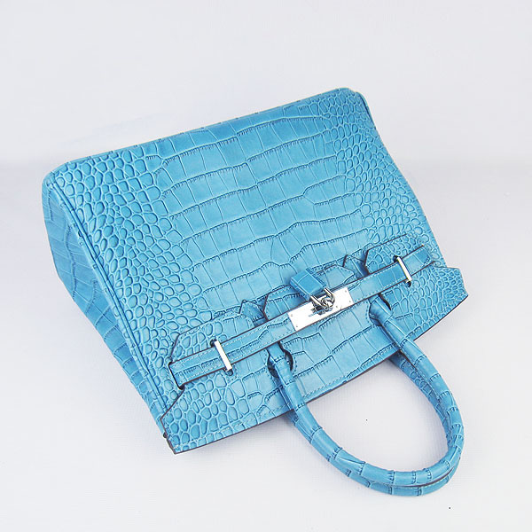 Replica Hermes Birkin 30CM Crocodile Veins Bag Blue 6088 On Sale